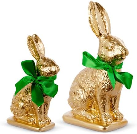 Golden Rabbits with Green Satin Bow