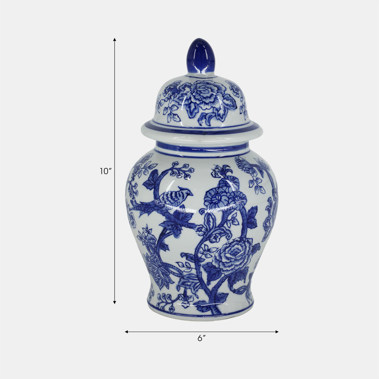 10” Blue & White Temple Jar ( Bird Glower Pattern)