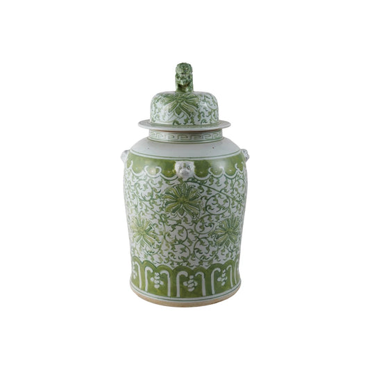 Decorative Hand-Painted Stoneware Ginger Jar w/ Floral Pattern & Foo Dog(Green & White)