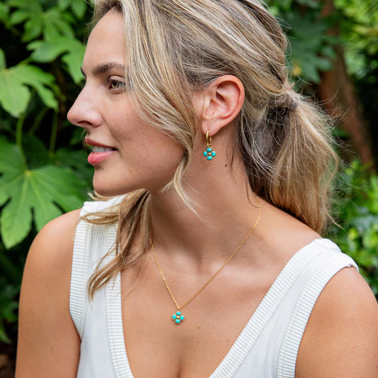 Berry Clover Hoop Earrings with Double Sided Turquoise Charm
