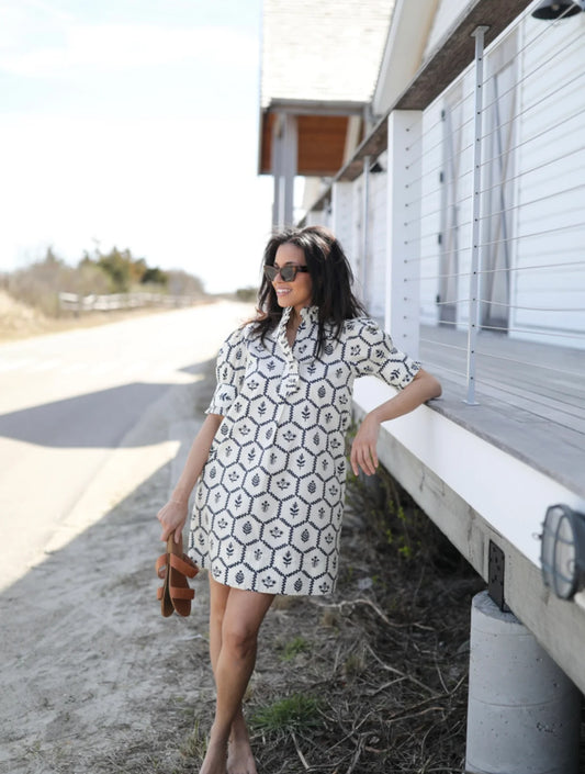 Westport Dress in Flower Stamp (Knee length) in Blue