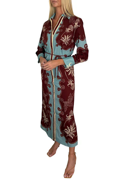 Riley Caftan Dress in Light Blue/Maroon