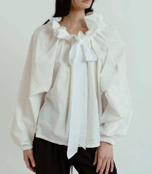 Oversize Ruffled Bow Shirt-White