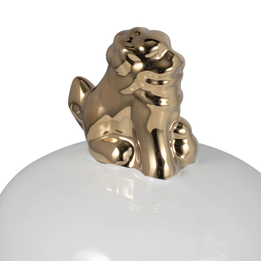 24” Lion Head Temple Jar (White & Gold)