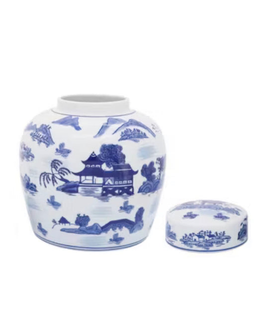 9” Rounded Jar w/ Lid (Blue & White)
