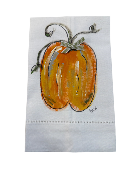 Hand Painted Linen Towels Orange Pumpkin