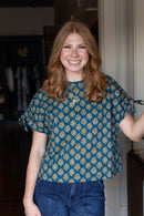Cam Poplin Blouse in Teal Blockprint