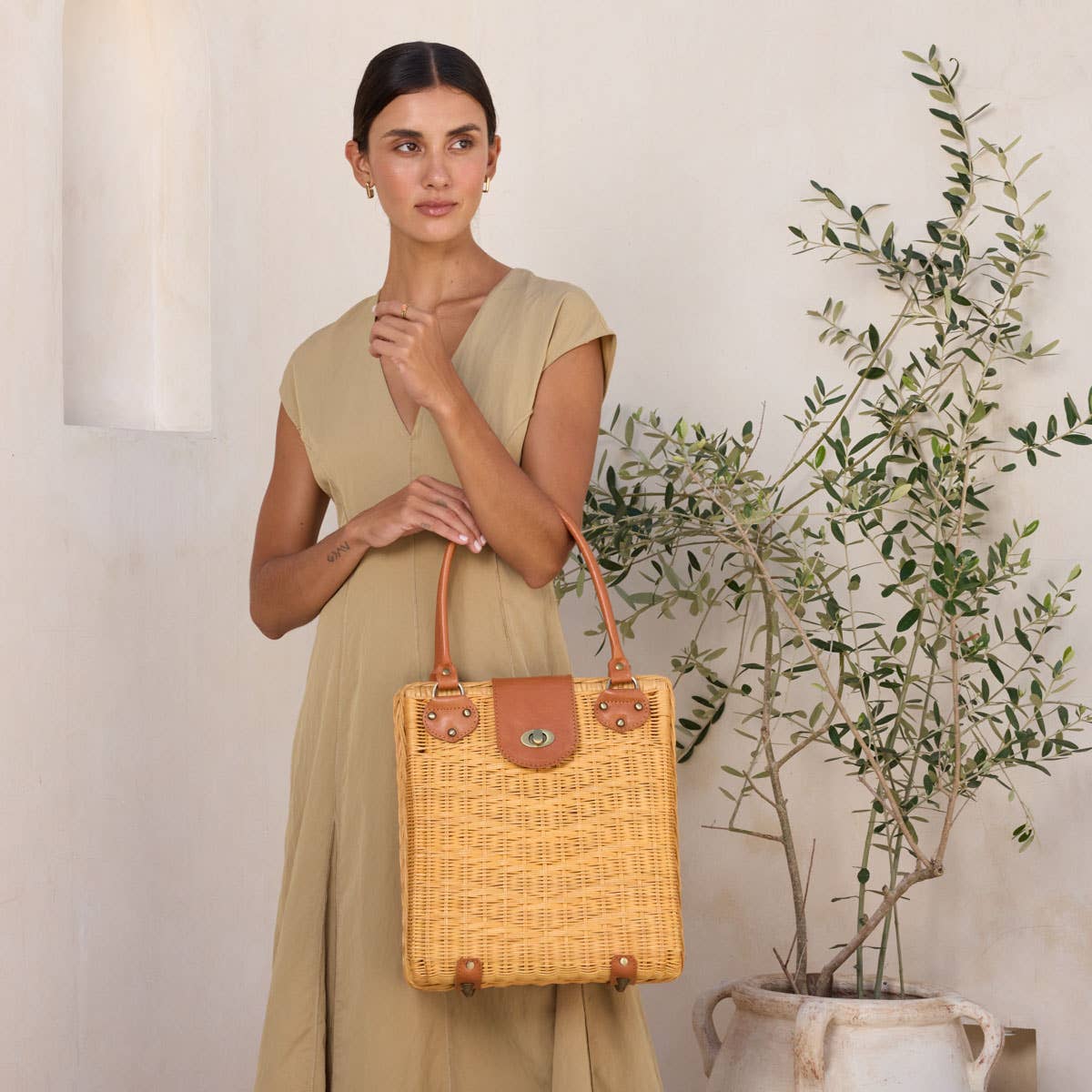 Large Rattan Handbag with Leather Flap Twist Closure