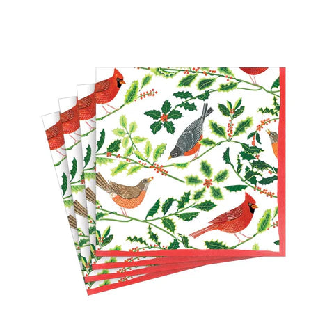 Seasonal Caspari Cocktail Napkins Songbirds and Holly