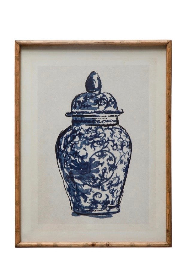 Wood Framed Glass Wall Décor w/ Cachepot, Blue & White Set