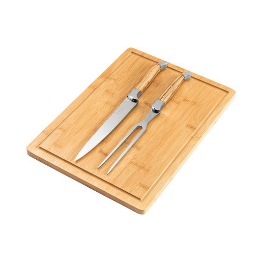 French Home - Laguiole Olive Wood Carving Set & Bamboo Moat Board