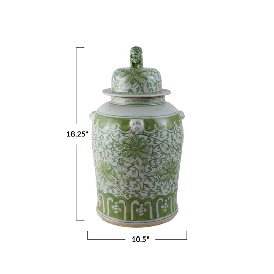 Decorative Hand-Painted Stoneware Ginger Jar w/ Floral Pattern & Foo Dog(Green & White)