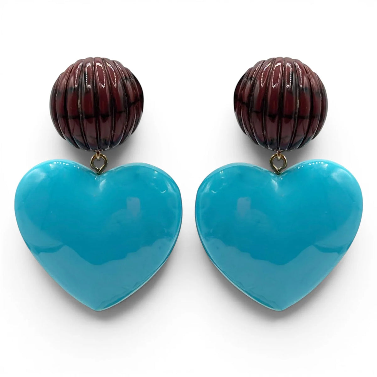 Amour Carved Tortoise Resin w/ Turquoise Heart Drop Earrings