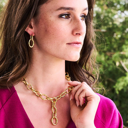 BANGKOK BAMBOO
Link Necklace, 18" - Gold/Green Enamel