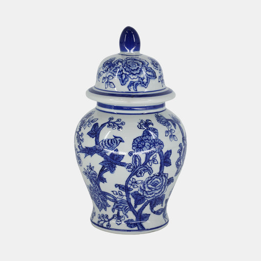 10” Blue & White Temple Jar ( Bird Glower Pattern)
