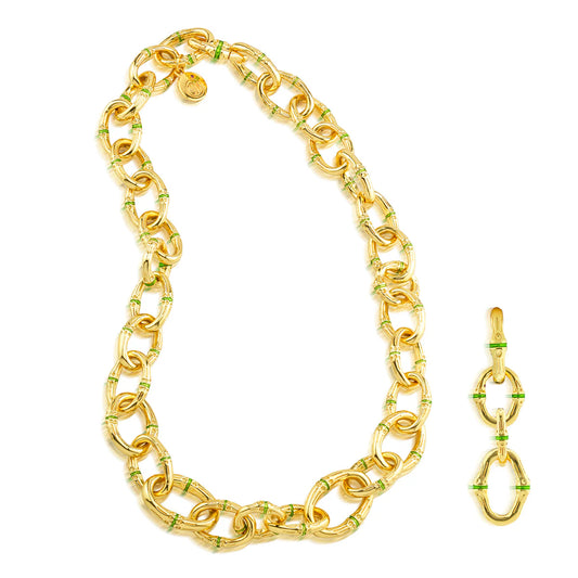 BANGKOK BAMBOO
Link Necklace, 18" - Gold/Green Enamel