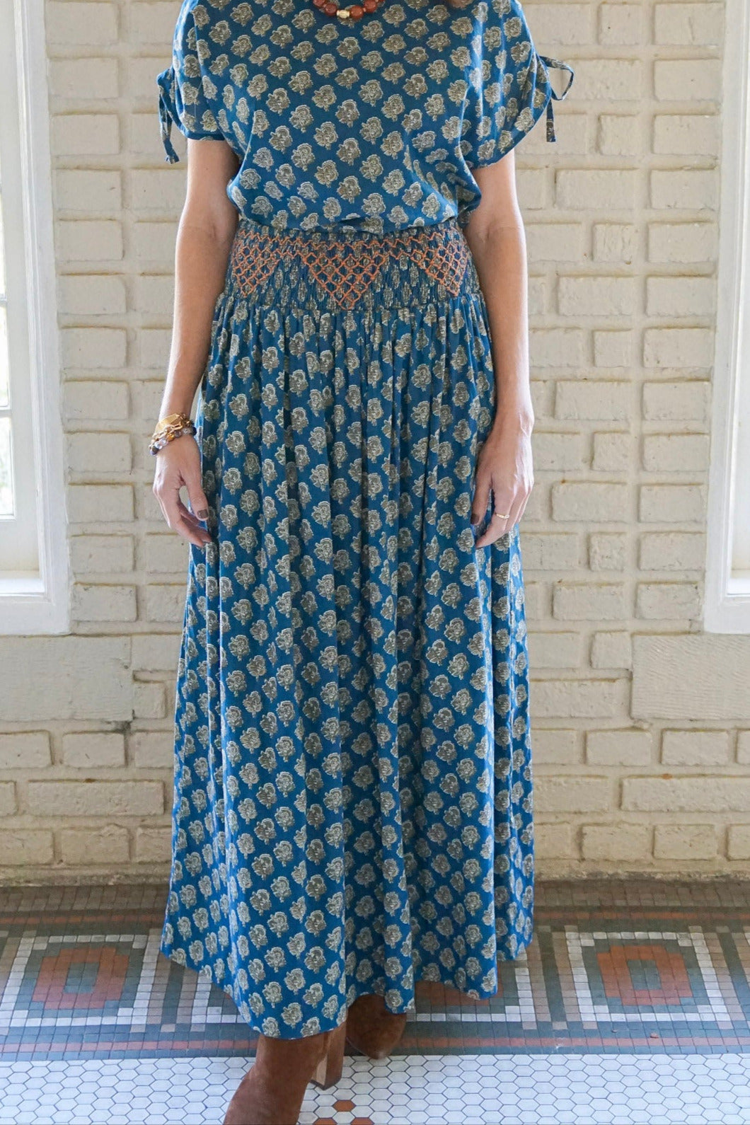 Mia Maxi Skirt with Embroidery in Teal Blockprint