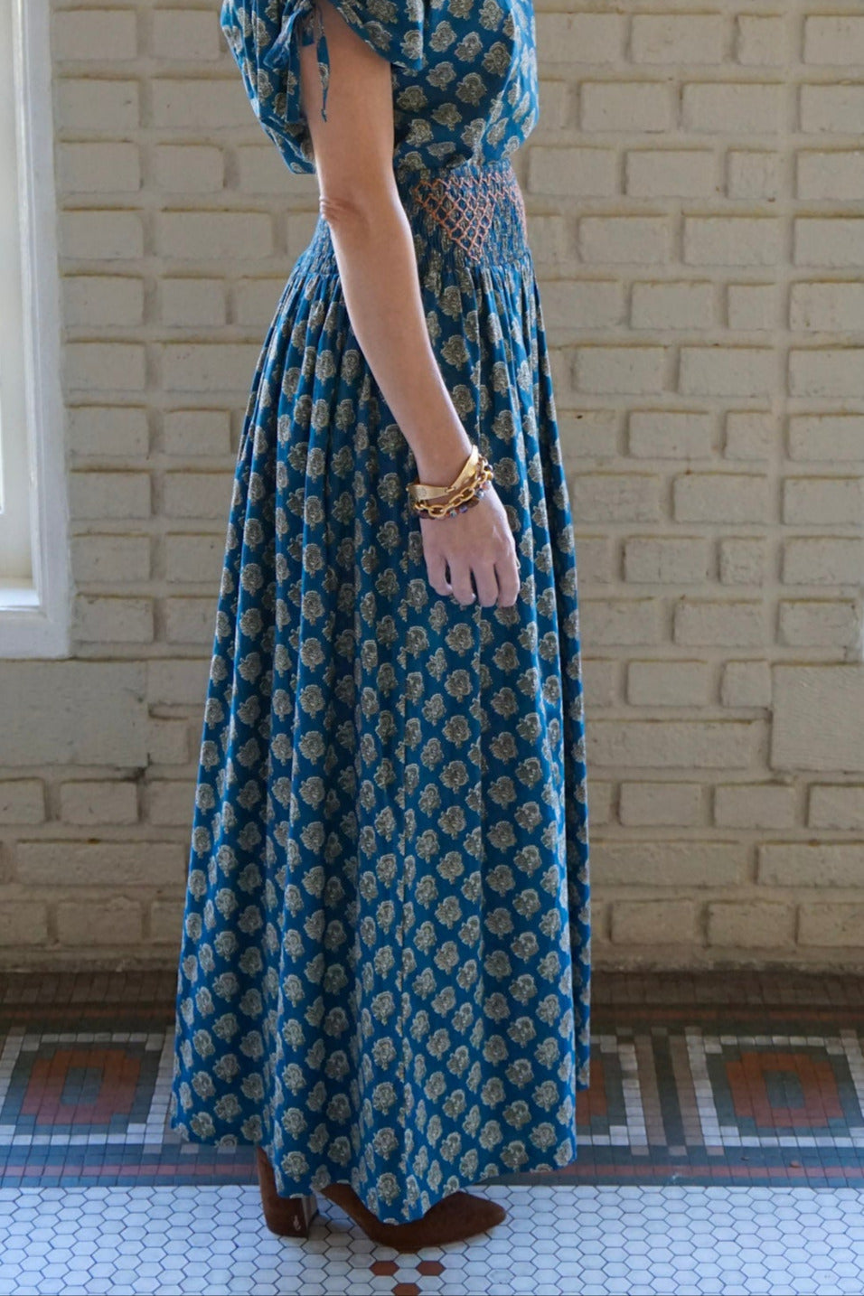 Mia Maxi Skirt with Embroidery in Teal Blockprint