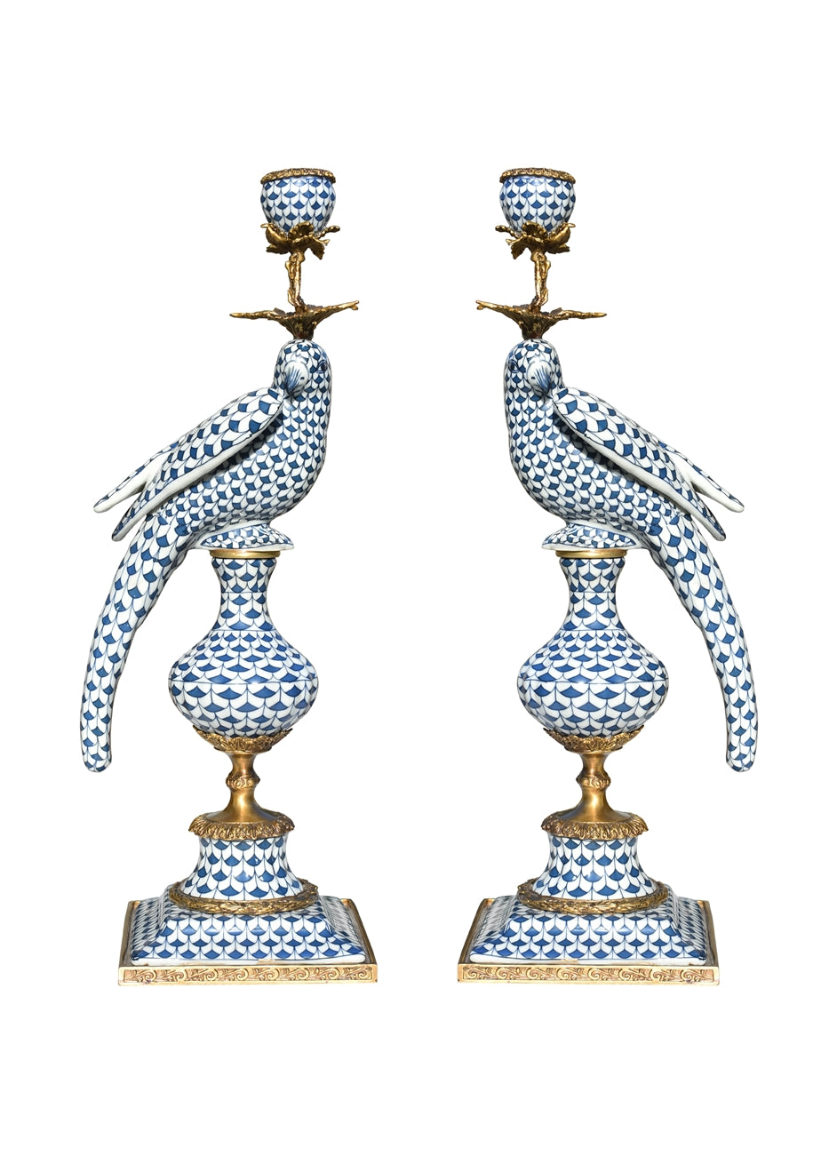 Blue & White Scale Bird Pair Candle Holders