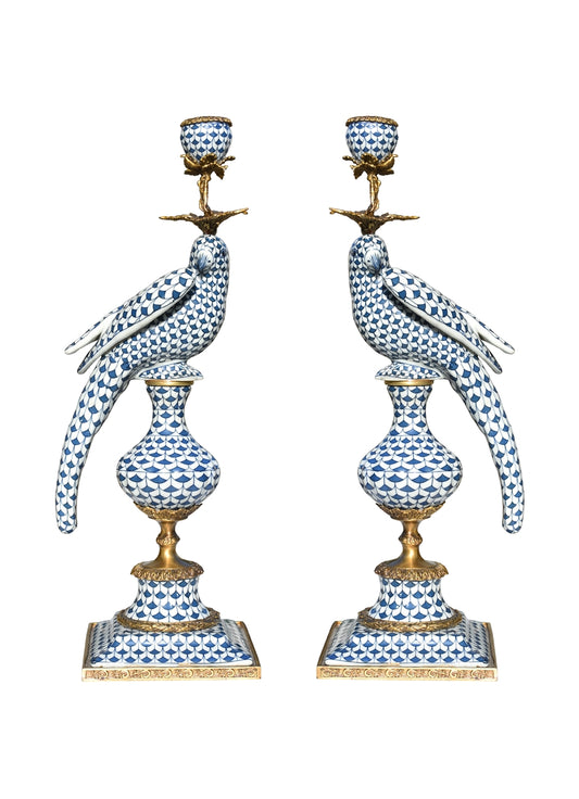 Blue & White Scale Bird Pair Candle Holders