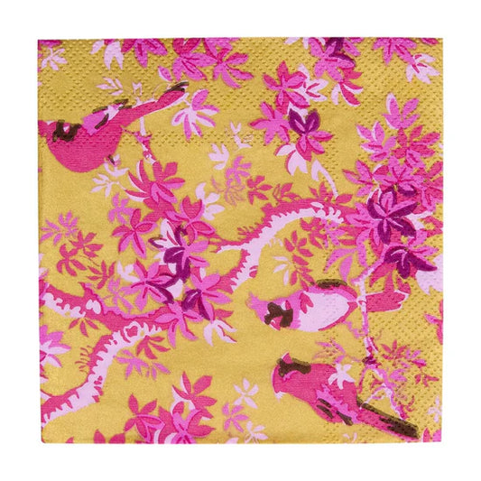Caspari Cocktail Napkin/Scenic Songbirds Rose/Gold