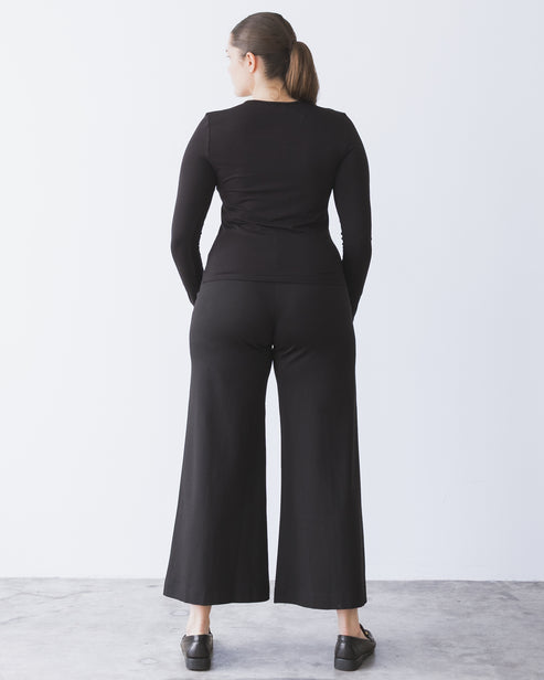Black Ponte Knit Cropped Wide Leg Pant