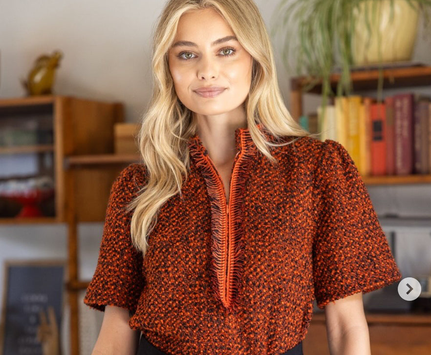 Orange Fringe Half Zip Top