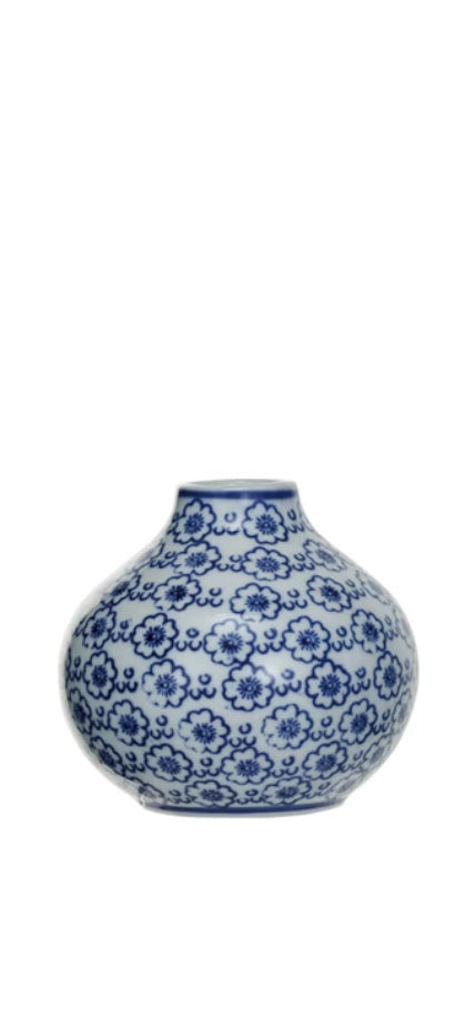 Blue & White Stamped Stoneware Vase (3 Styles)