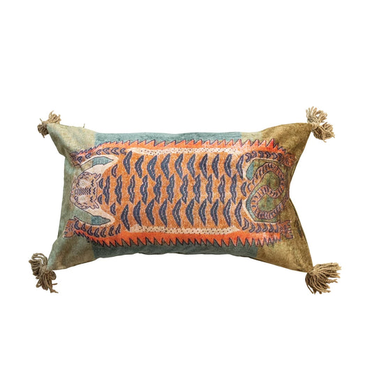 Velvet/Cotton Blend Lumbar Tiger Pillow