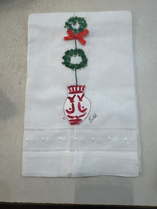 Hand Painted Linen Towels Christmas Topiary