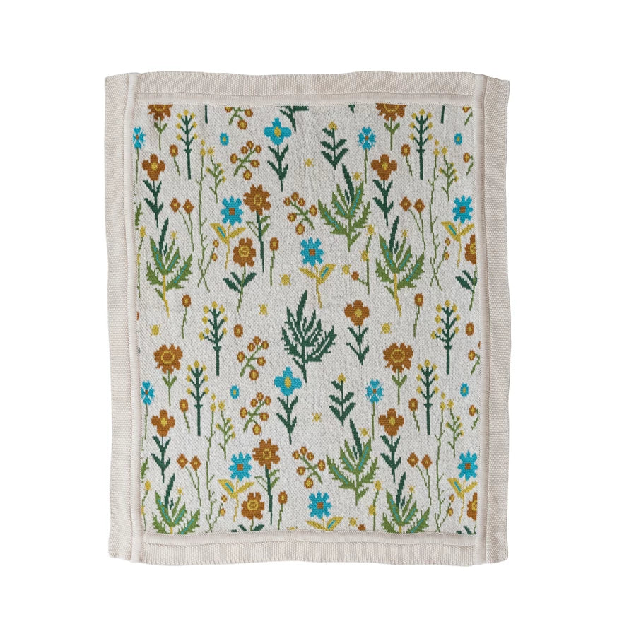 40”Lx 32”W Cotton Knit Baby Blanket with Florals (Multicolor)