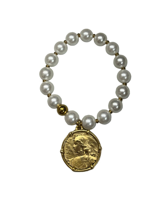 Pearl Bracelet with Gold Coin Charm