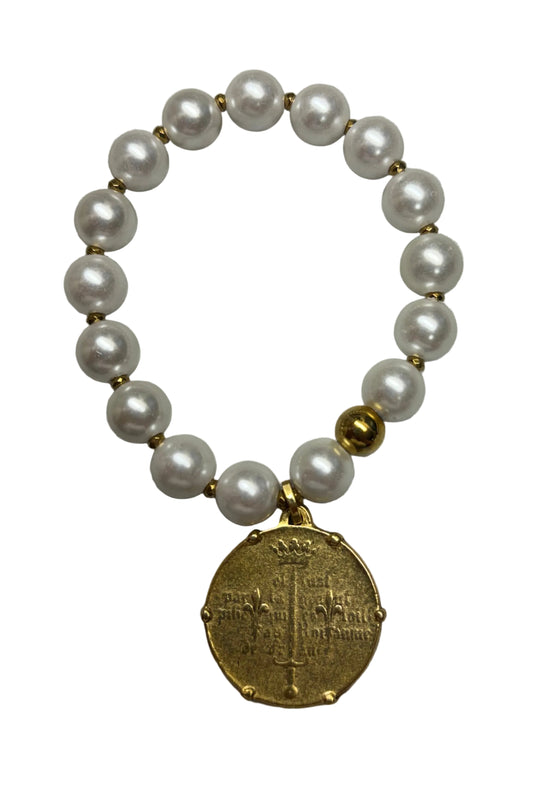 Pearl Bracelet with Gold Coin Charm