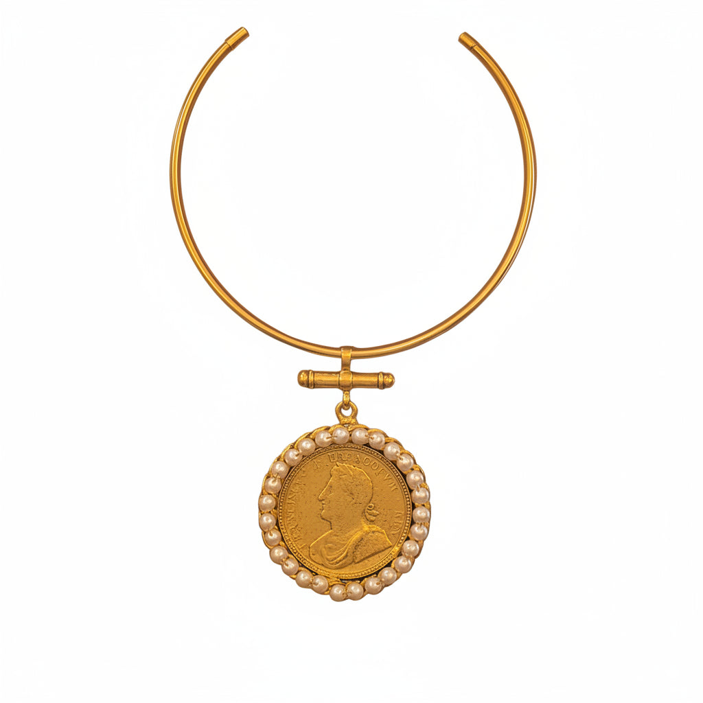 Gold Coin Pearl Cuff Necklace