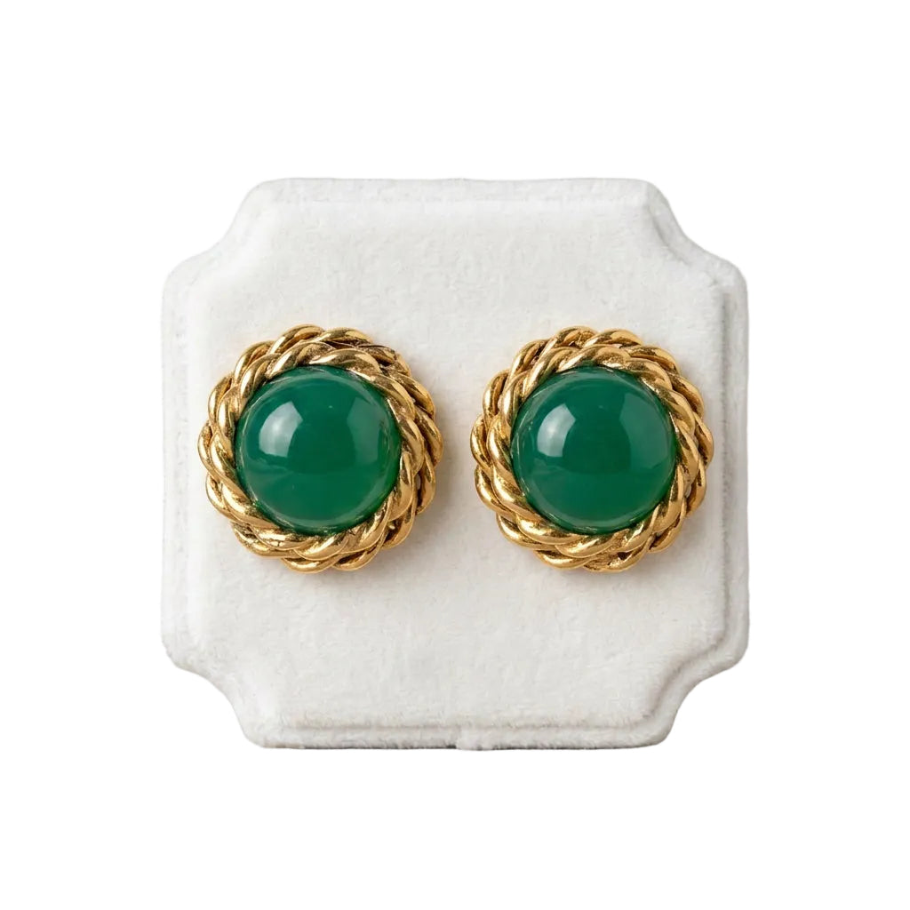 Gold Braided Green Clip On Earrings