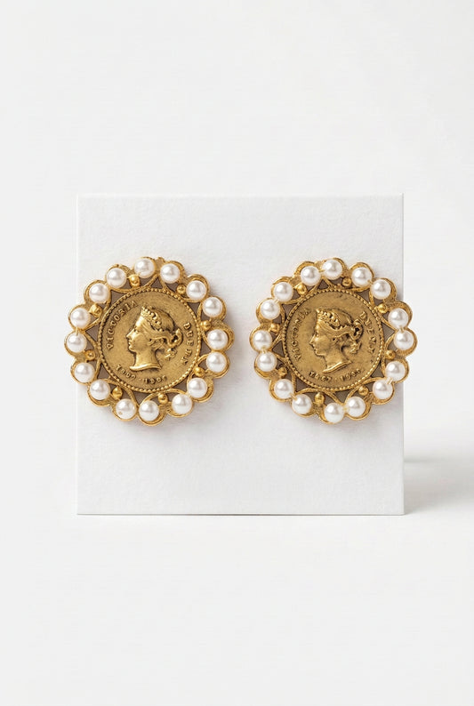 Pearl Encased Queen Coin Earrings