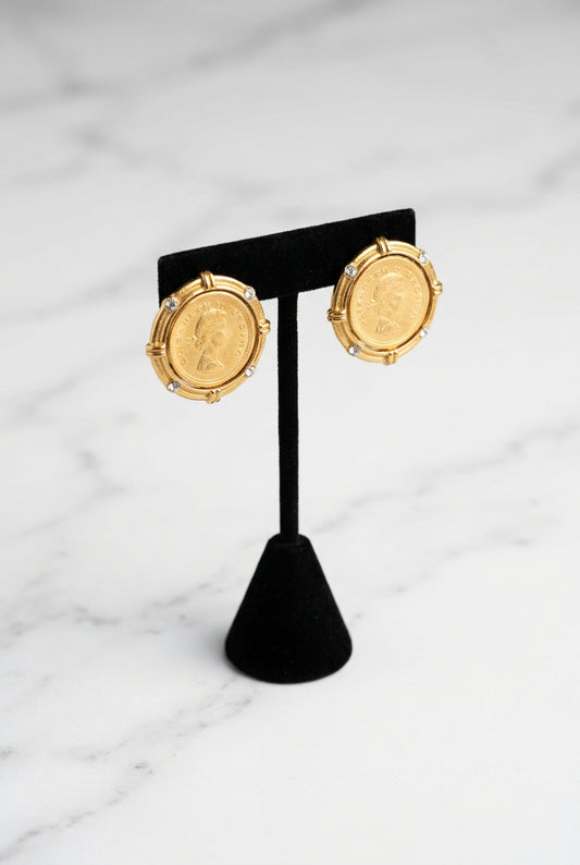 Queen Elizabeth Coin w/ Rhinestone Accent Earrings