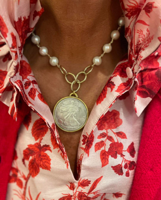 Coin Necklace with Pearl Chain