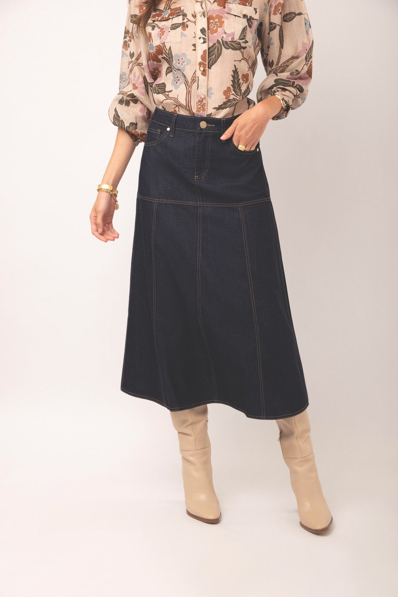 Anola Denim Midi Skirt In Dark Bayou Rinse