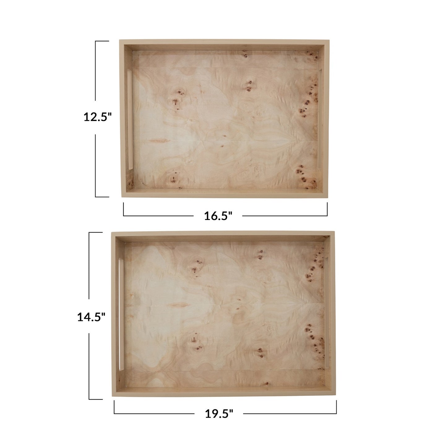 MDF & Burl Wood Veneer Trays w/ Handles (2 Sizes)