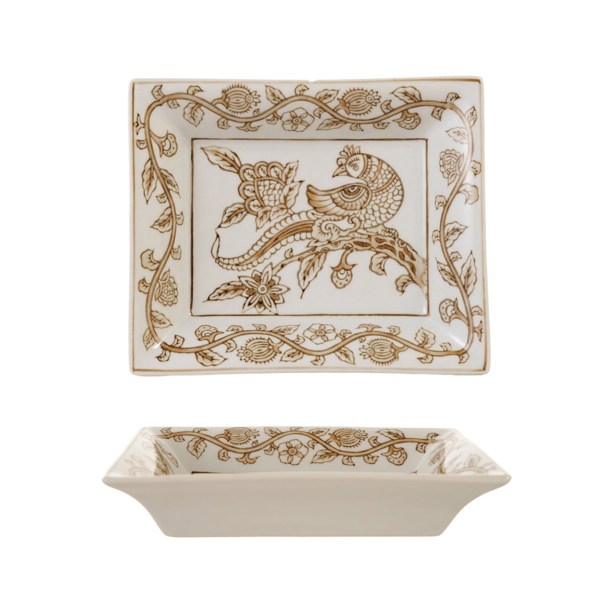 Hand-painted Stoneware Bird & Botanicals Dish in Tan & White