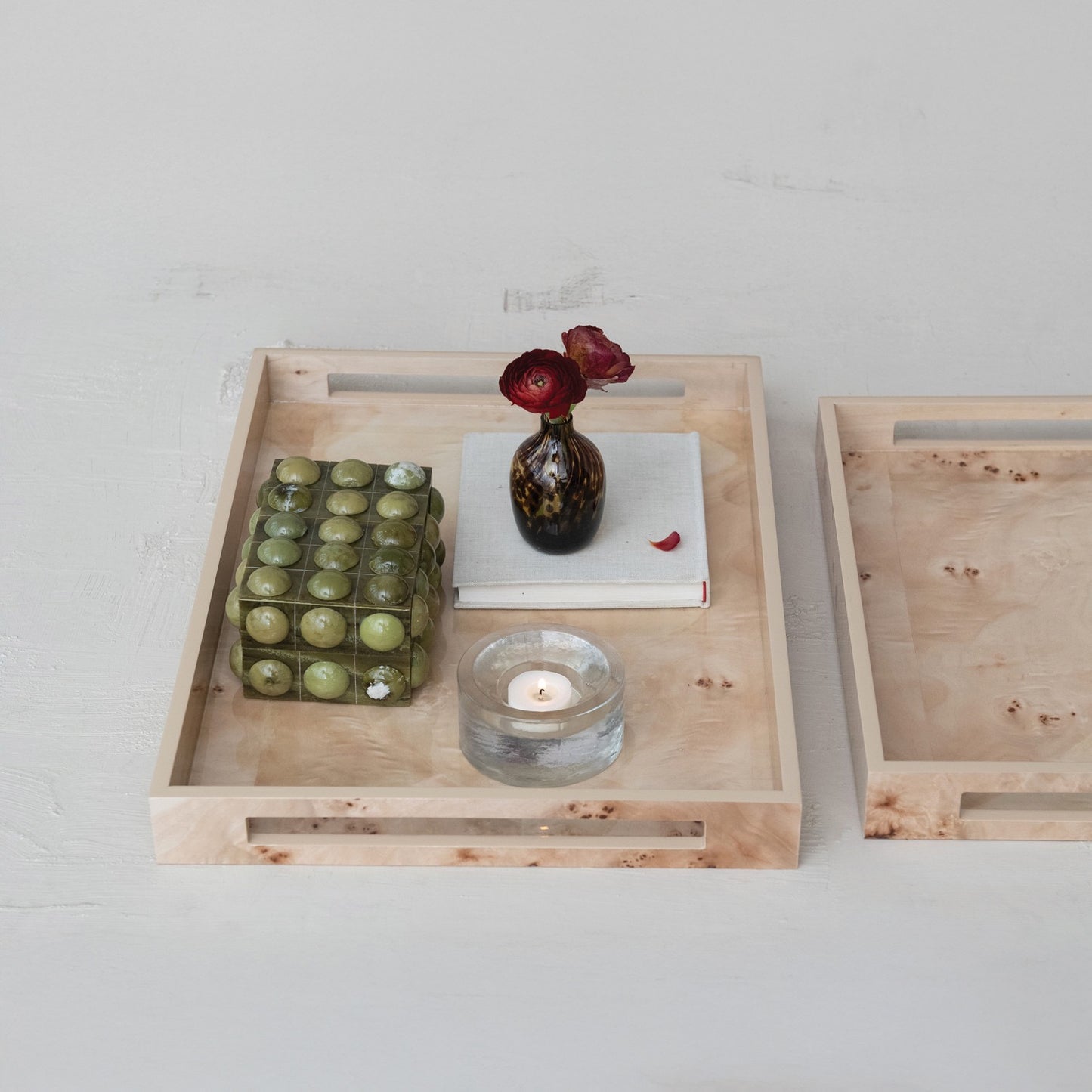 MDF & Burl Wood Veneer Trays w/ Handles (2 Sizes)