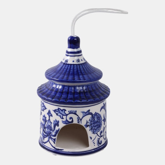 7x5" Chinoiserie Pagoda Bird House, White/blue