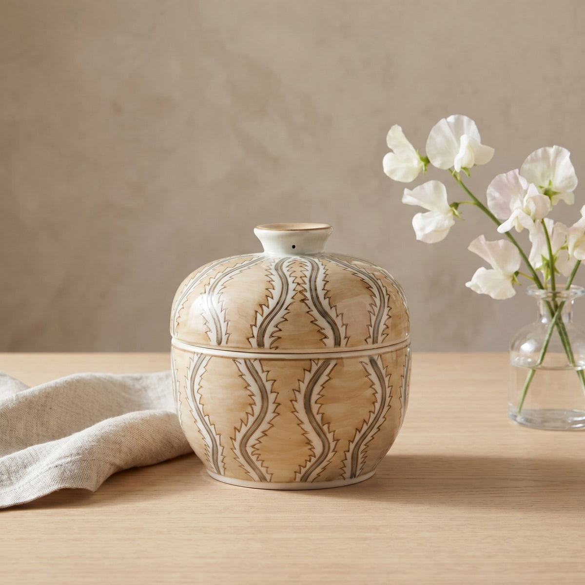 Hand Painted Decorative Stoneware Jar in Tan & Grey