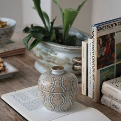 Hand Painted Decorative Stoneware Jar in Tan & Grey