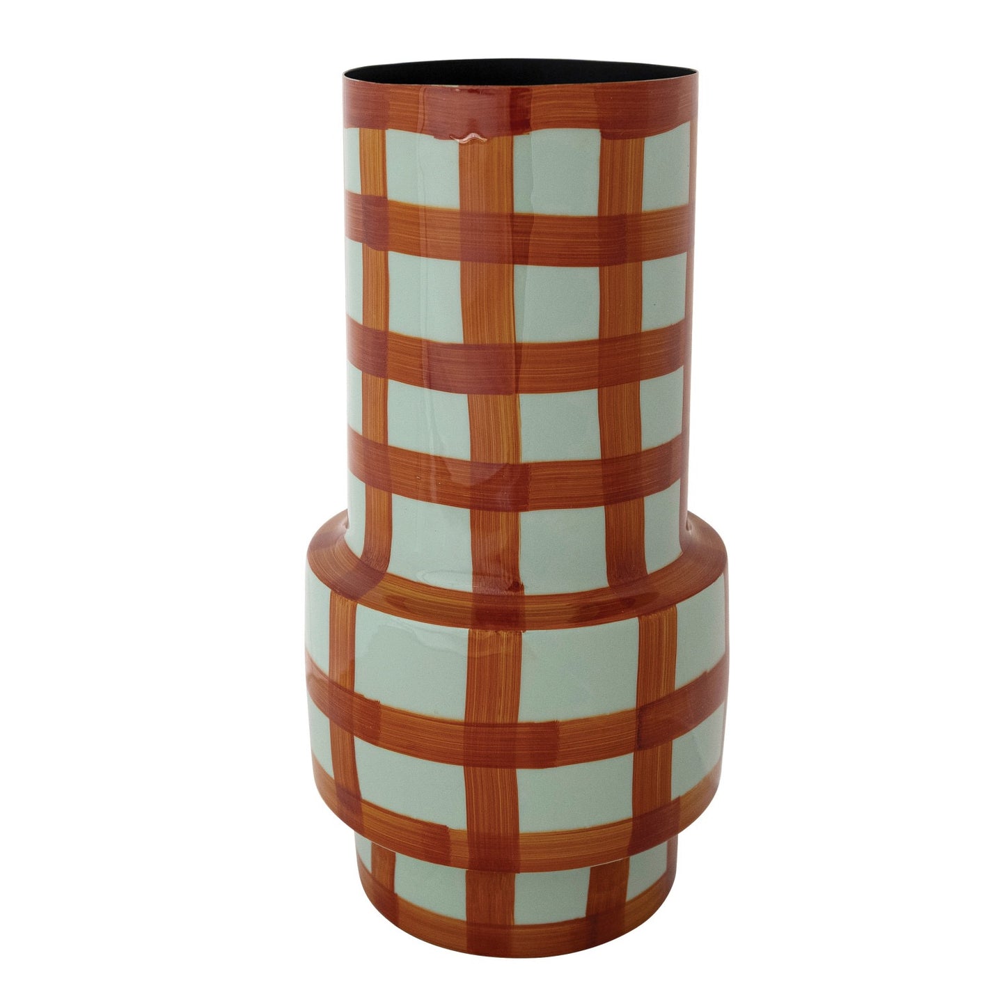 Enameled Metal Vase with Grid Pattern, Light Blue & Rust Color