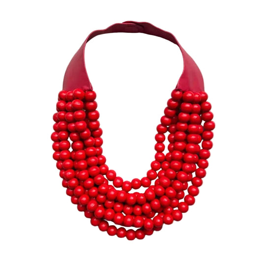Beaded Necklace with Magnetic Closure Red-Wooden Beads