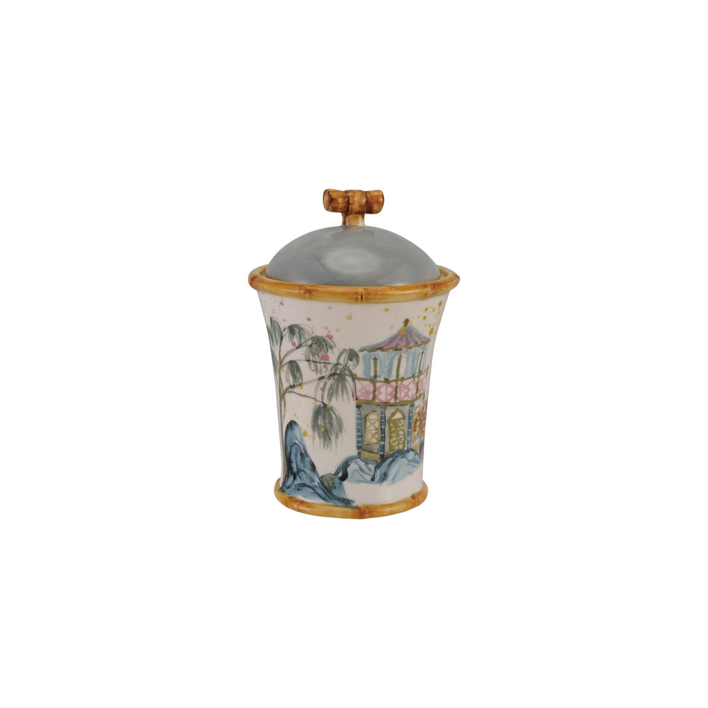 Hand Painted Stoneware Canister with Bamboo Trim