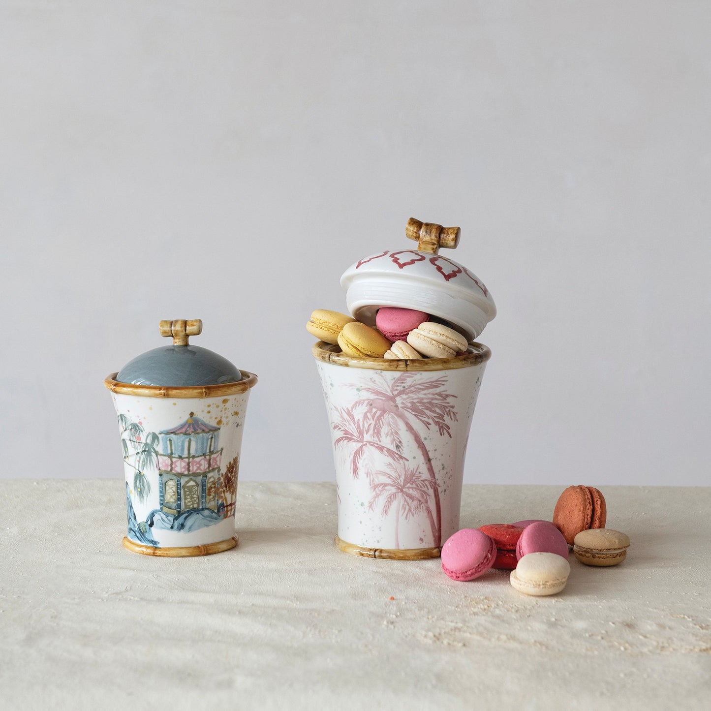 Hand Painted Stoneware Canister with Bamboo Trim