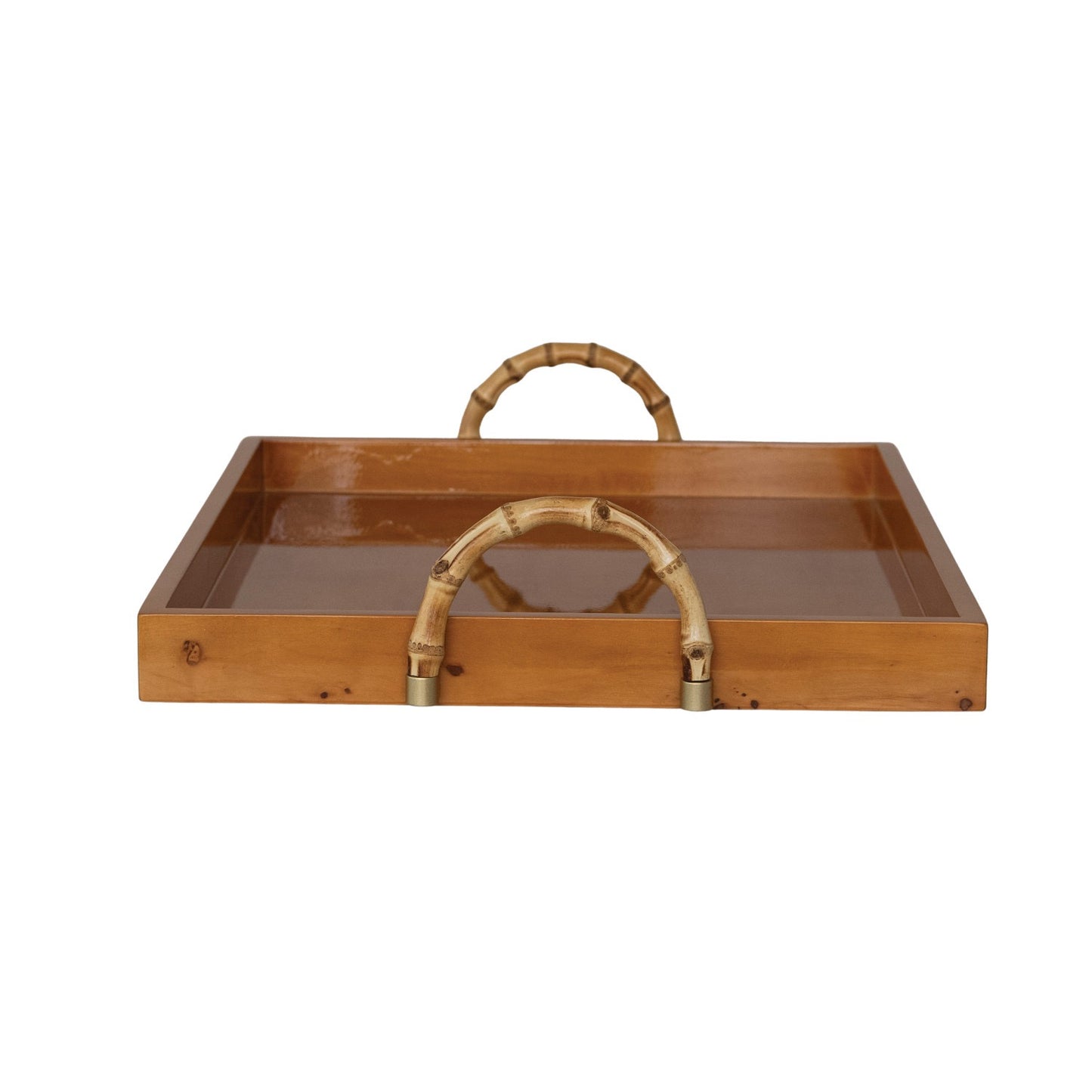 Red Natural Wood Veneer Tray with Bamboo Handles